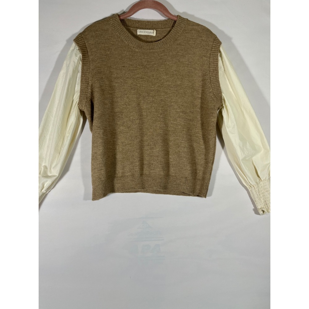 GRACE+EMMA‎ Women's Knit Sweater Cream Balloon Sleeve Layering Top Tan 
Sz L